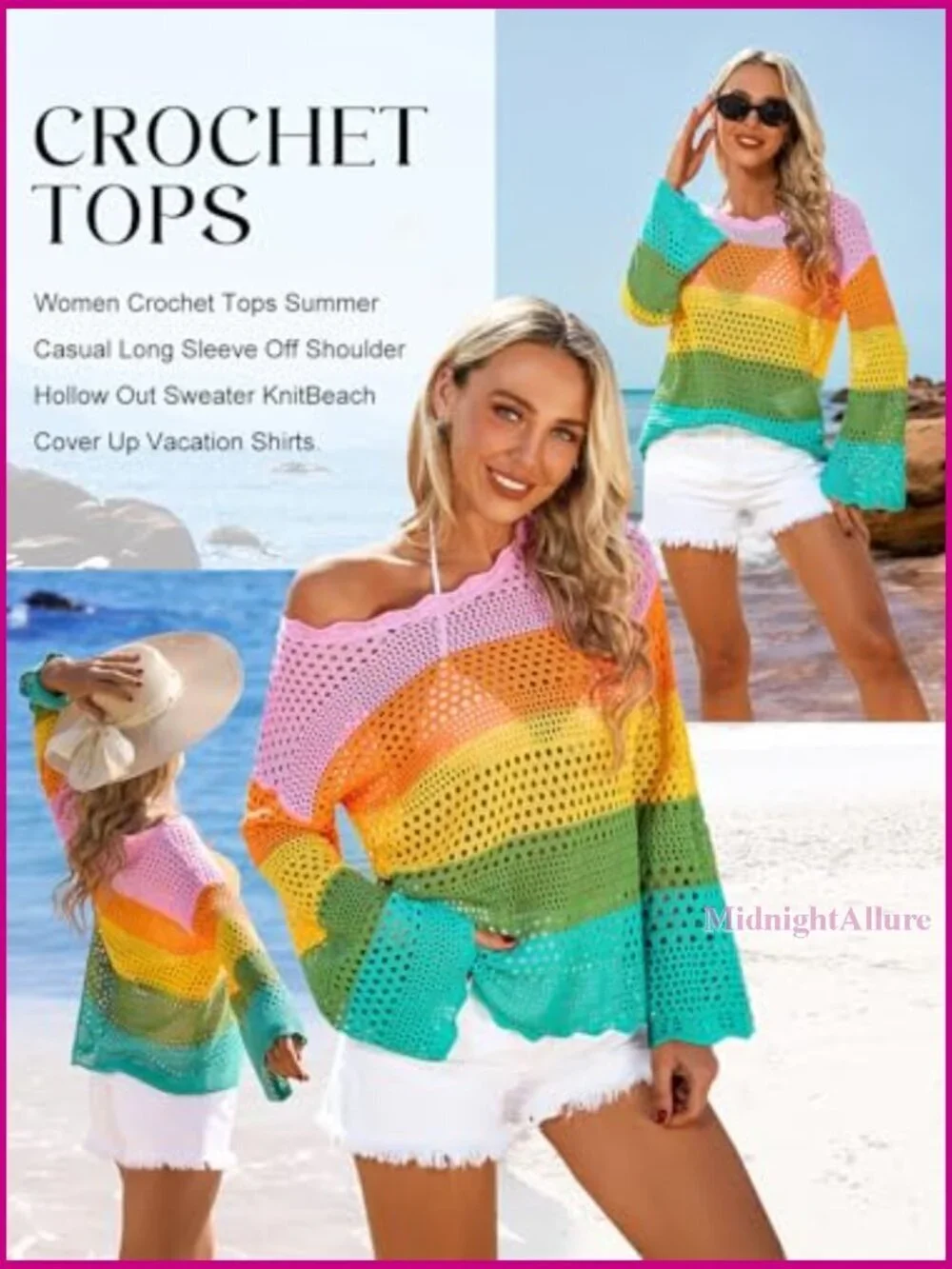 Large Crochet Swimsuit Coverup Long Sleeve Tunic Top Beach Vacation